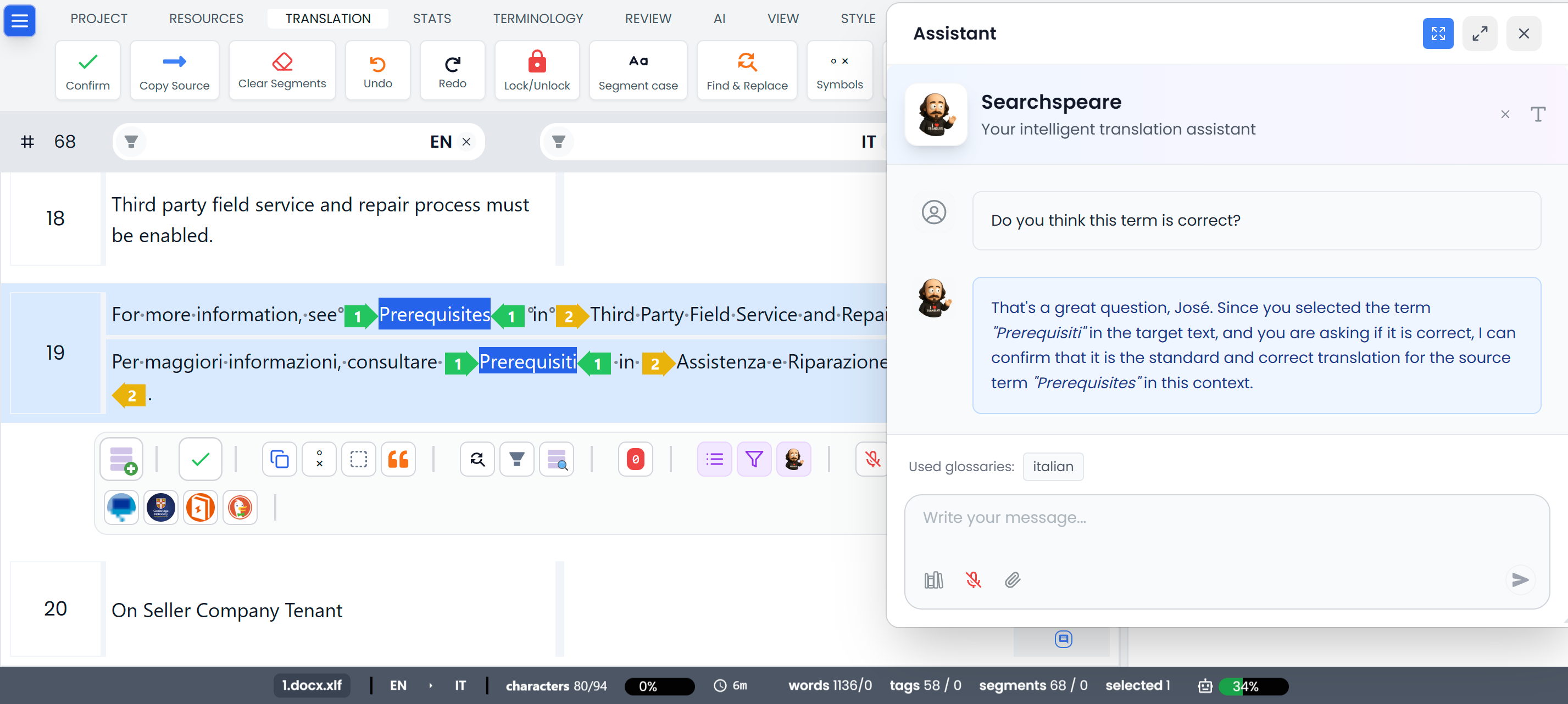 Starting a conversation with Searchspeare about selected segments (light)