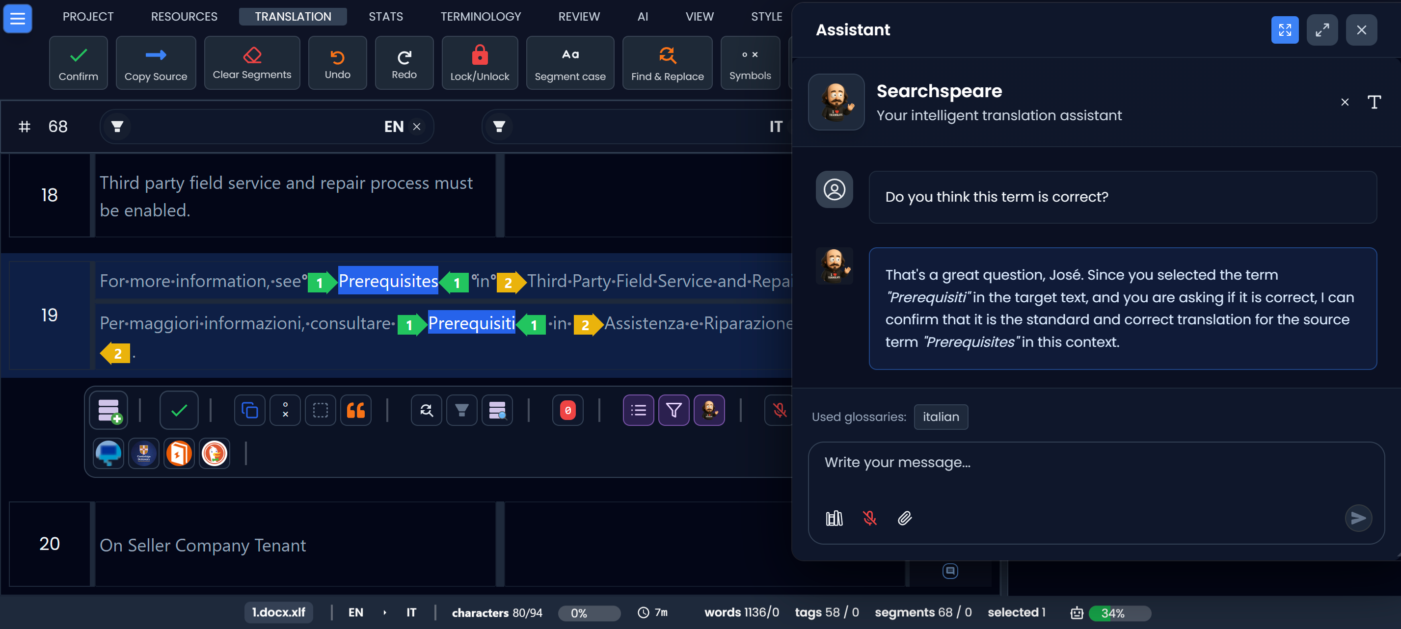Starting a conversation with Searchspeare about selected segments (dark)
