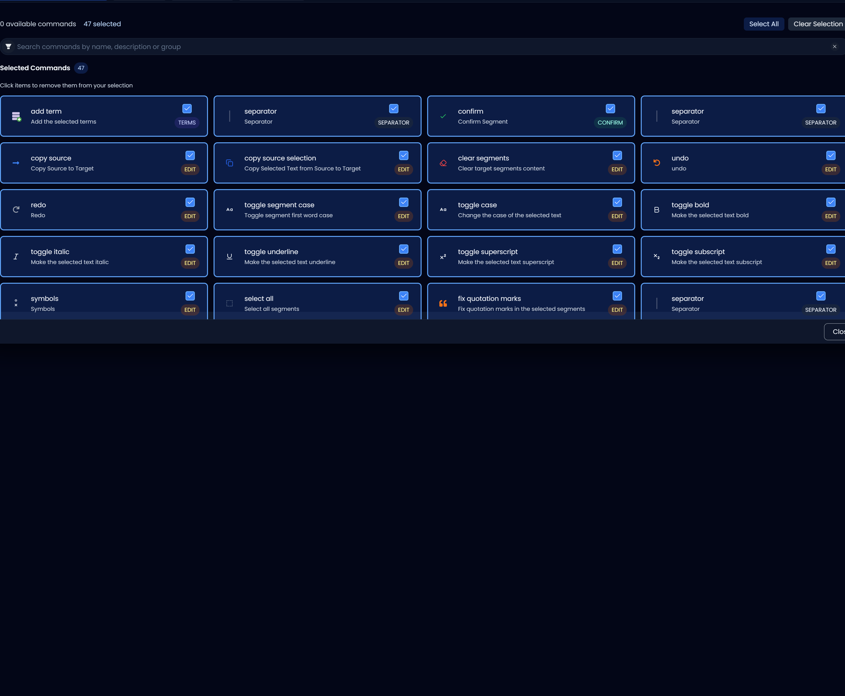 Segment tools available directly under the segment (dark)