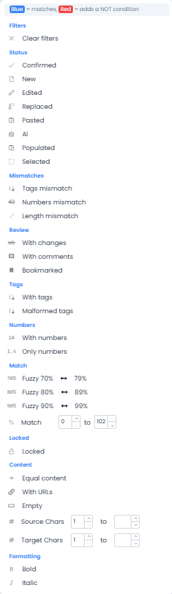 Filter menu with preset filters (light)