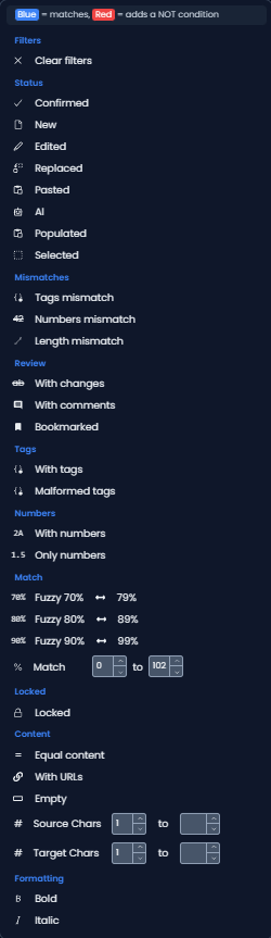 Filter menu with preset filters (dark)
