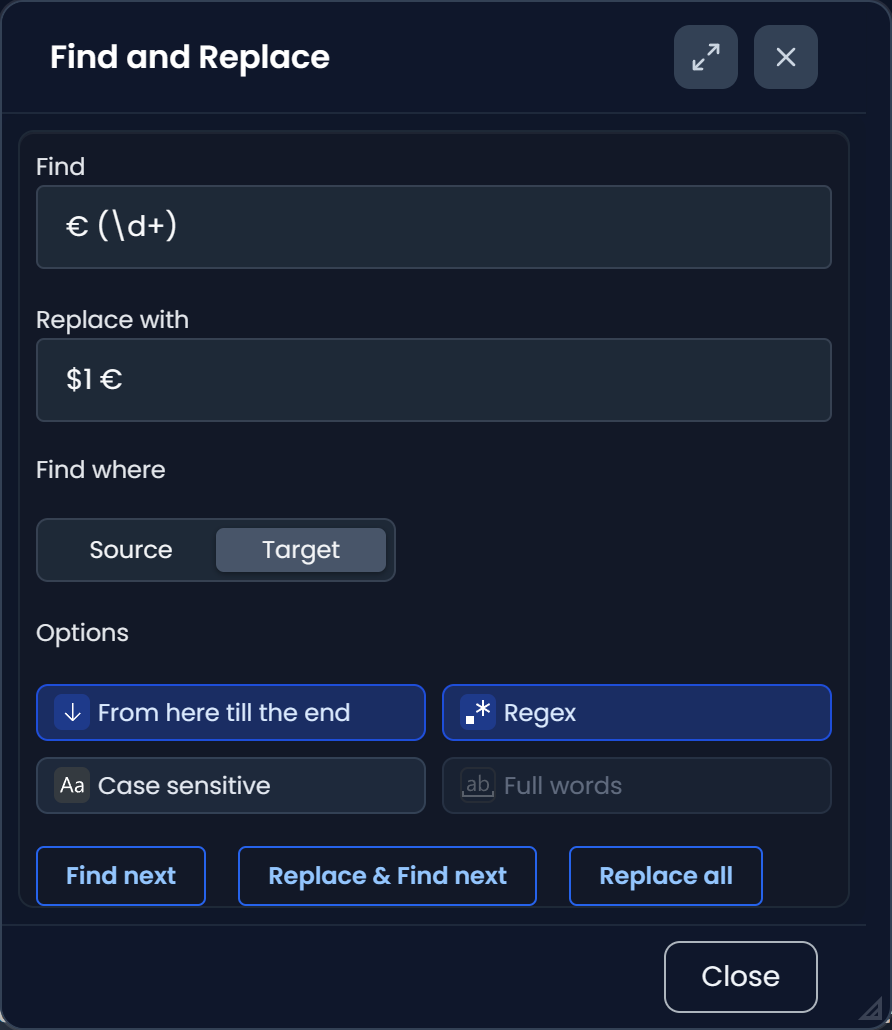 Find and Replace dialog (dark)