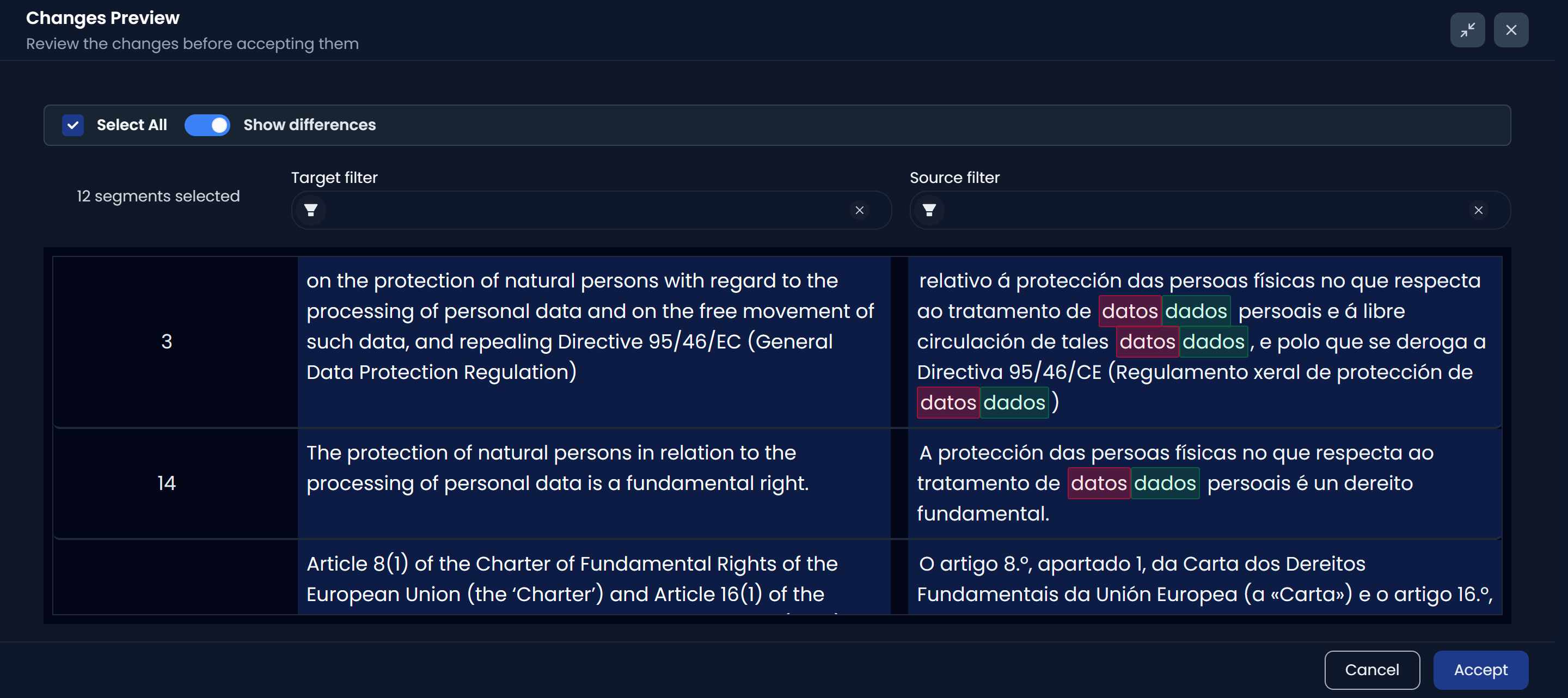 Changes Preview dialog (dark)