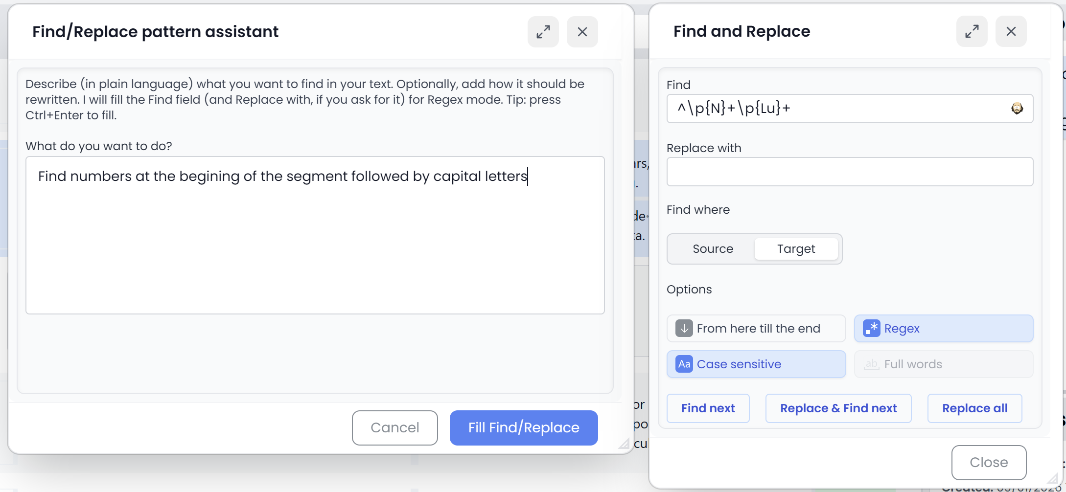 Find/Replace pattern assistant (light)
