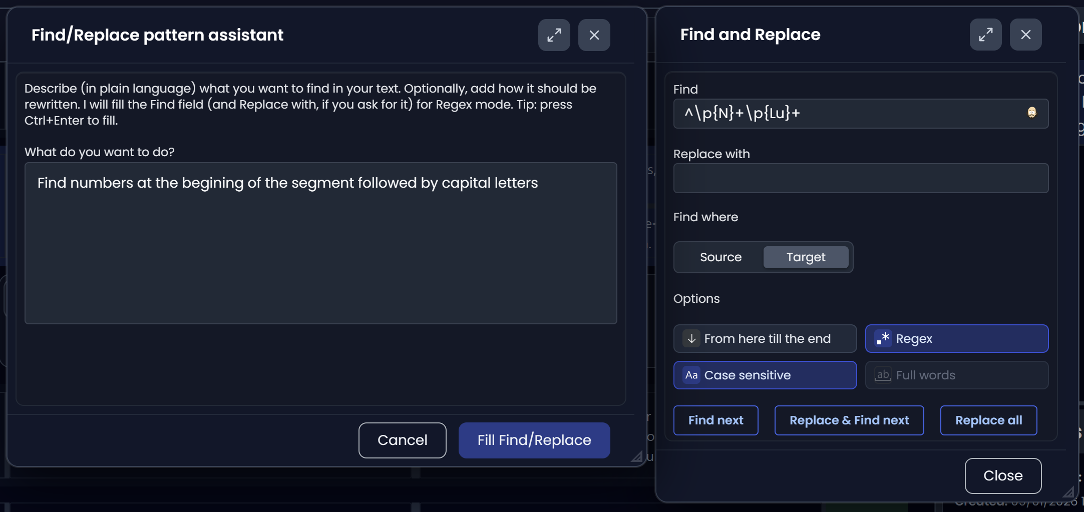 Find/Replace pattern assistant (dark)