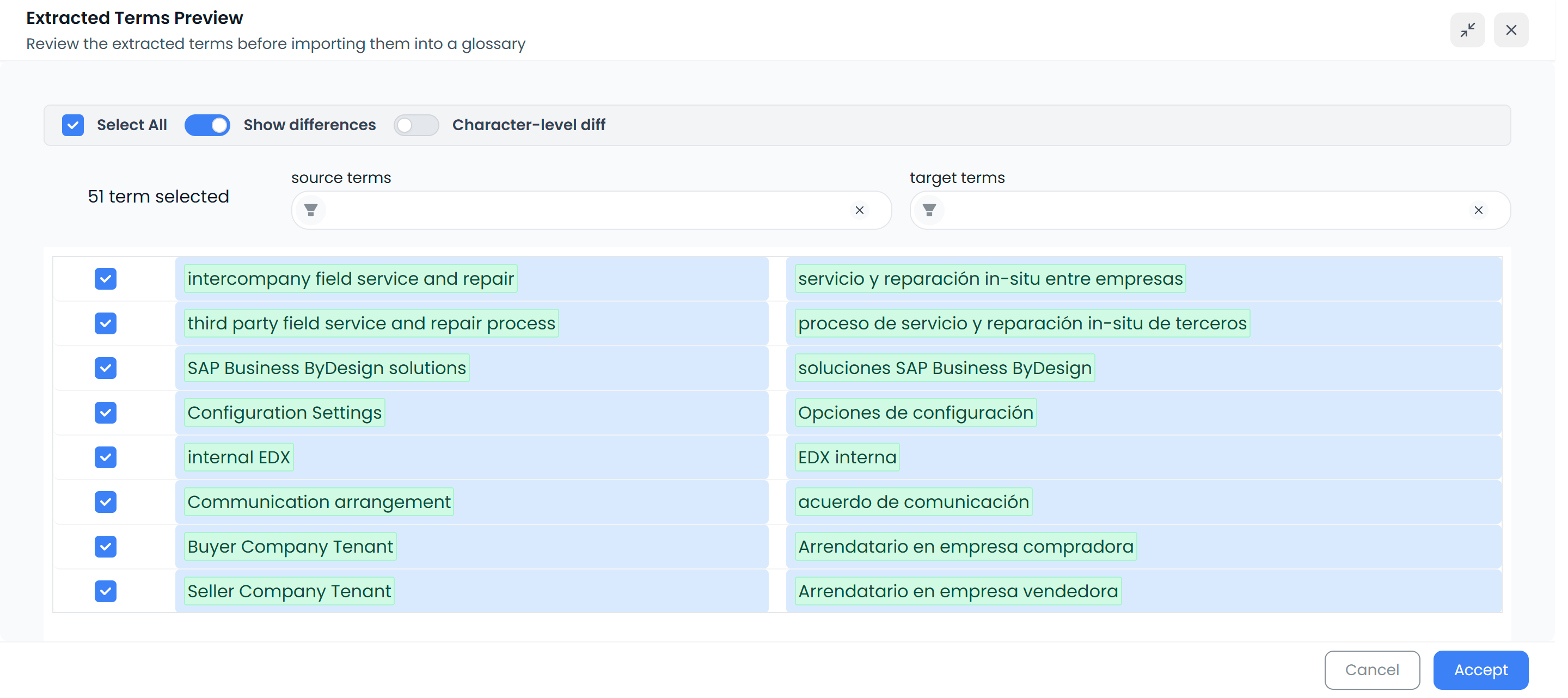 Extracted Terms Preview: select/deselect term pairs, show diffs, accept (light)