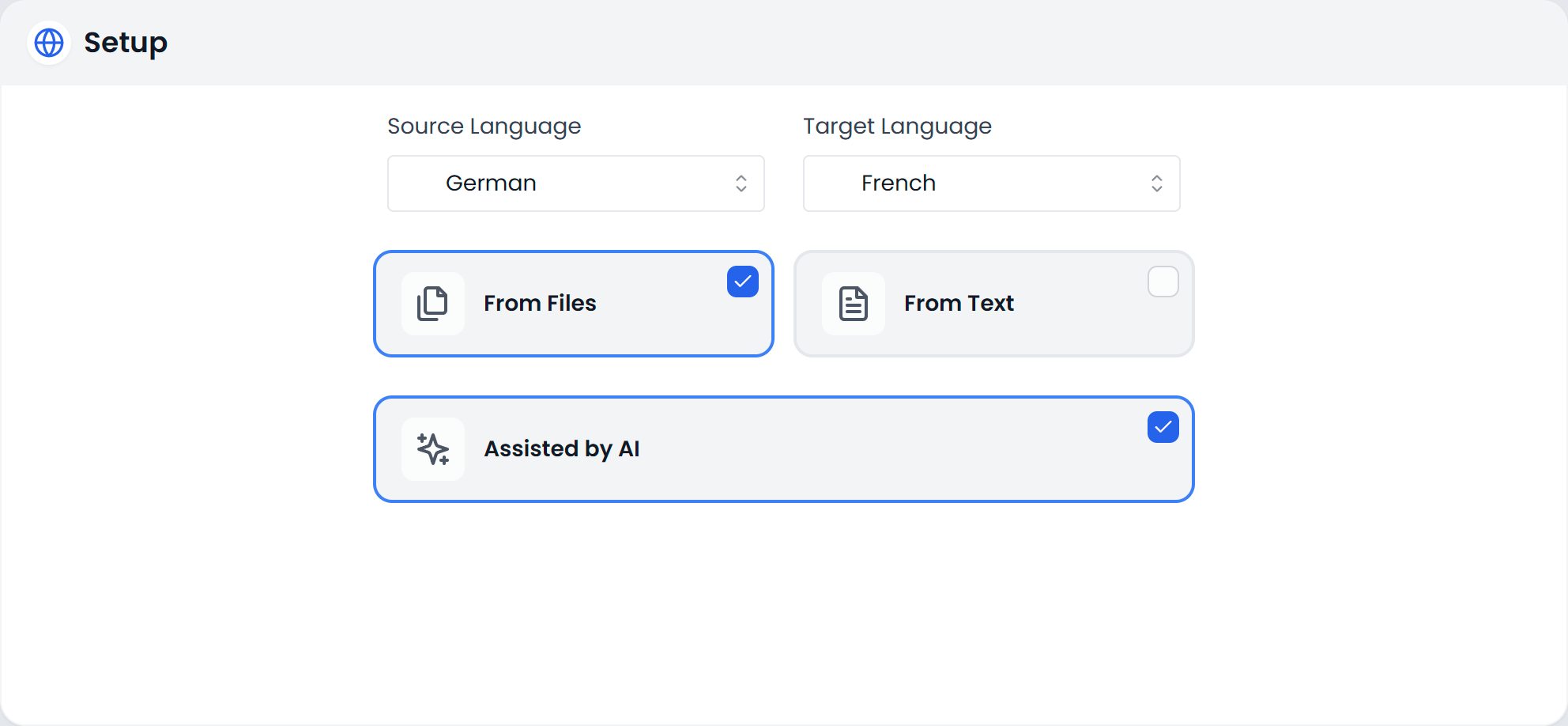 Extract Glossary setup: choose languages, From Files/From Text, and Assisted by AI (light)