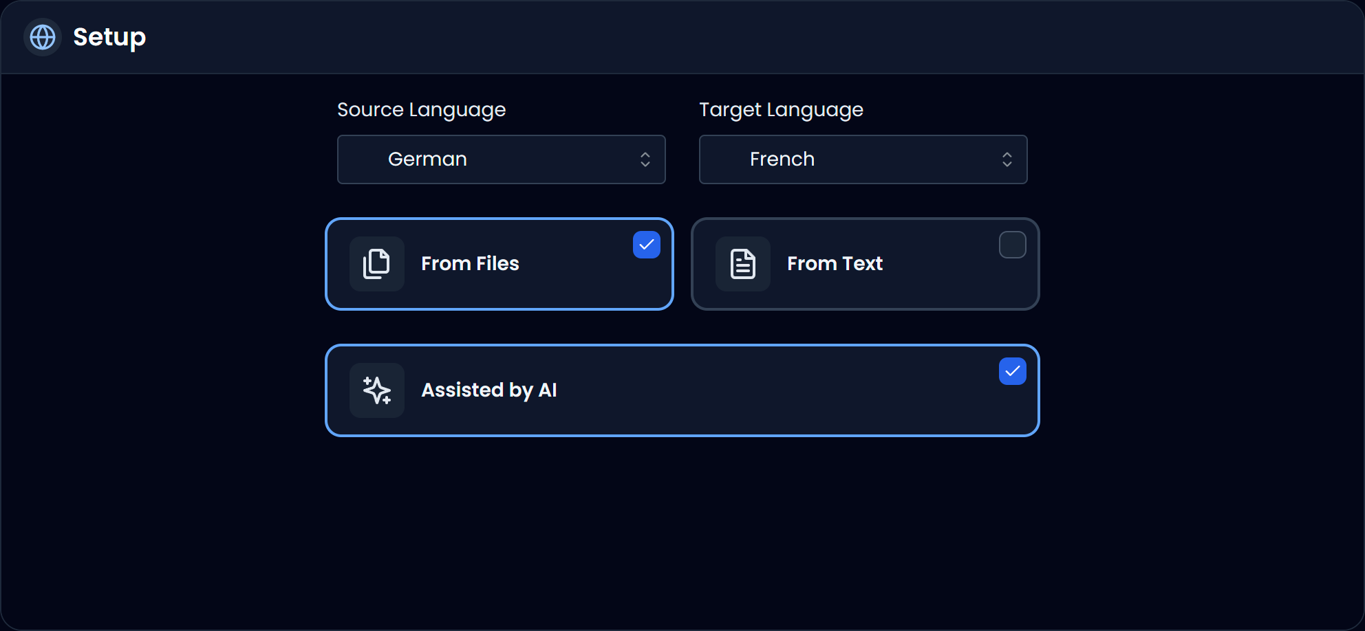 Extract Glossary setup: choose languages, From Files/From Text, and Assisted by AI (dark)