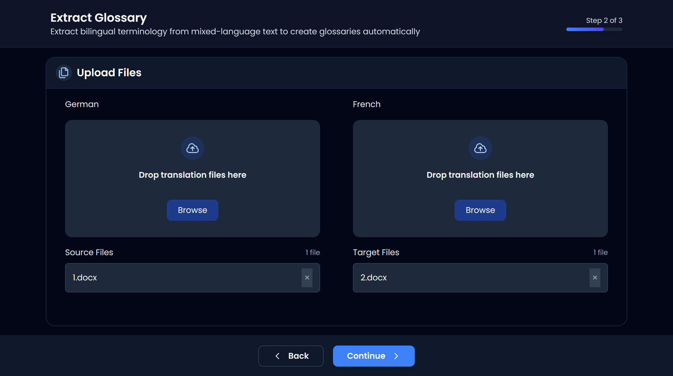 Step 2: upload source and target files (dark)
