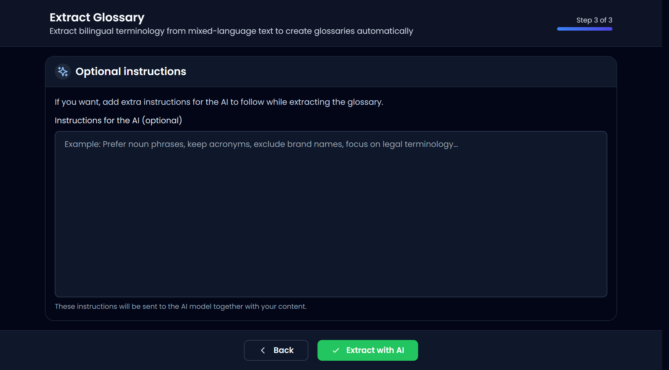 Step 3: optional instructions for the AI (dark)