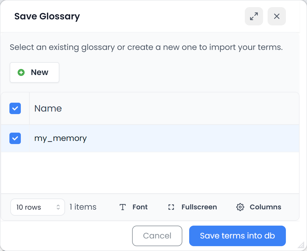 Save Glossary modal: choose existing glossary or create a new one, then save terms (light)