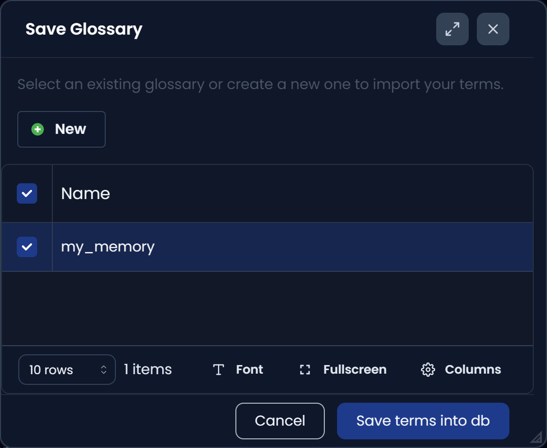 Save Glossary modal: choose existing glossary or create a new one, then save terms (dark)