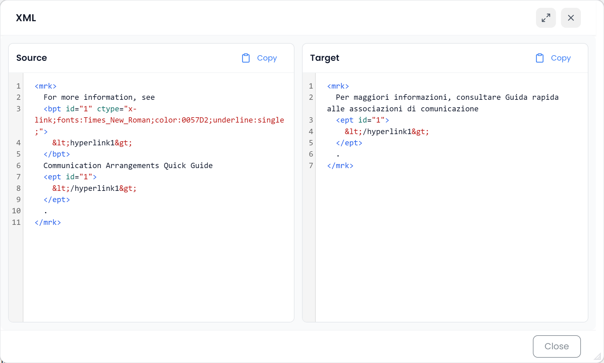 XLIFF preview modal showing the exact XLIFF tag code (light)