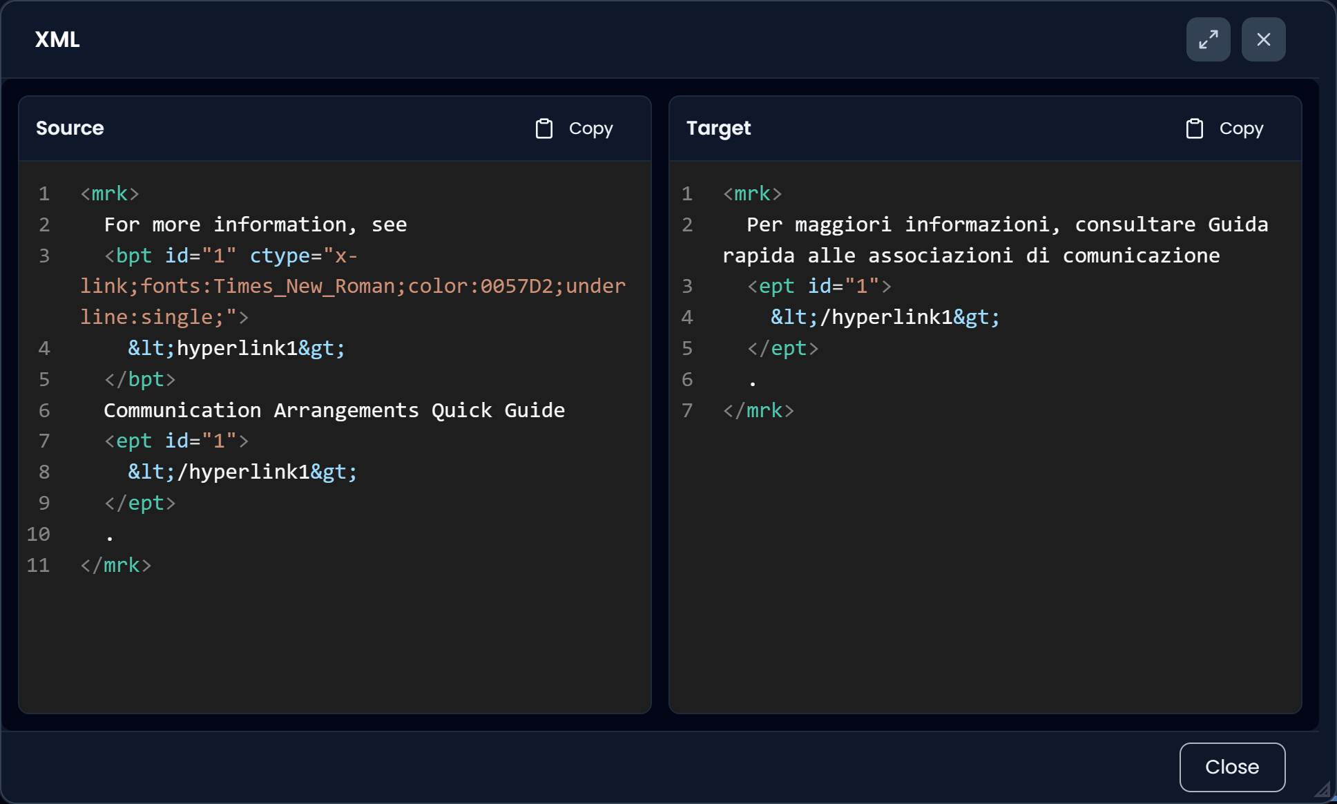 XLIFF preview modal showing the exact XLIFF tag code (dark)