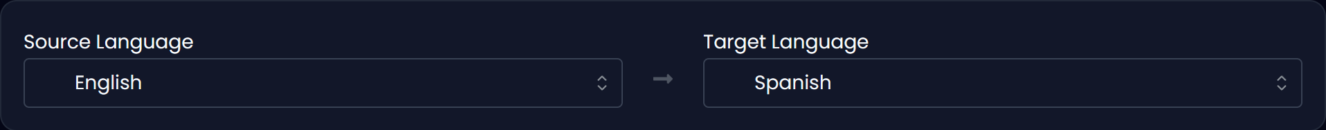 Language selector with source and target languages (dark)