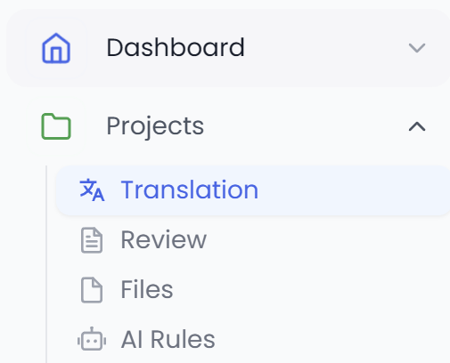 Navigation bar with Projects → Translation (light)