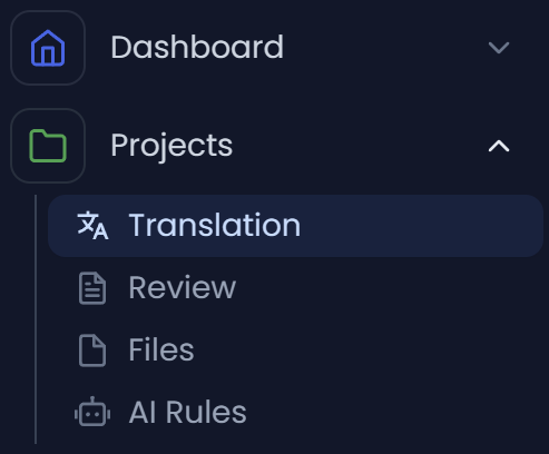 Navigation bar with Projects → Translation (dark)