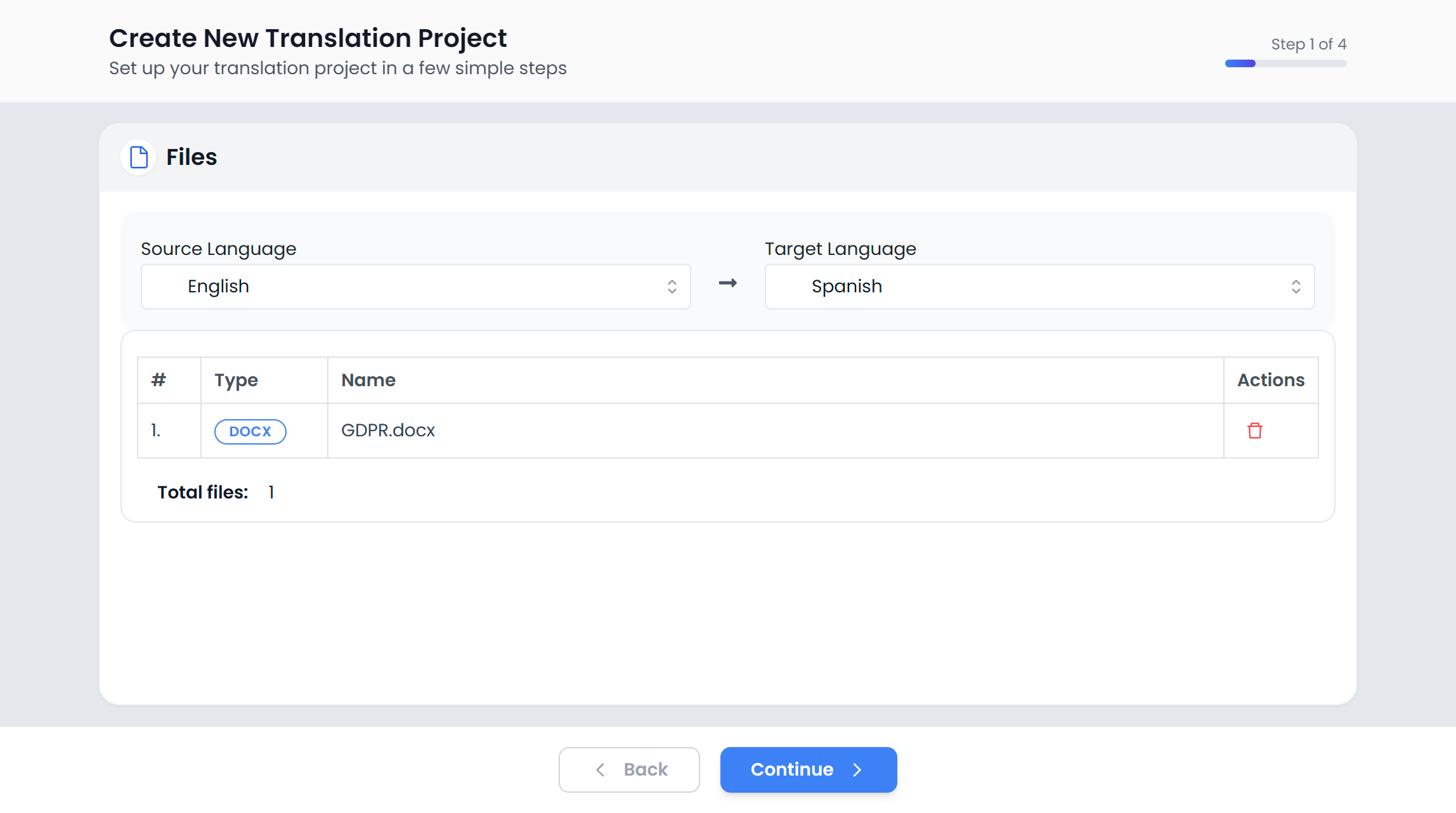 Step 1: selecting files for a new project (light)