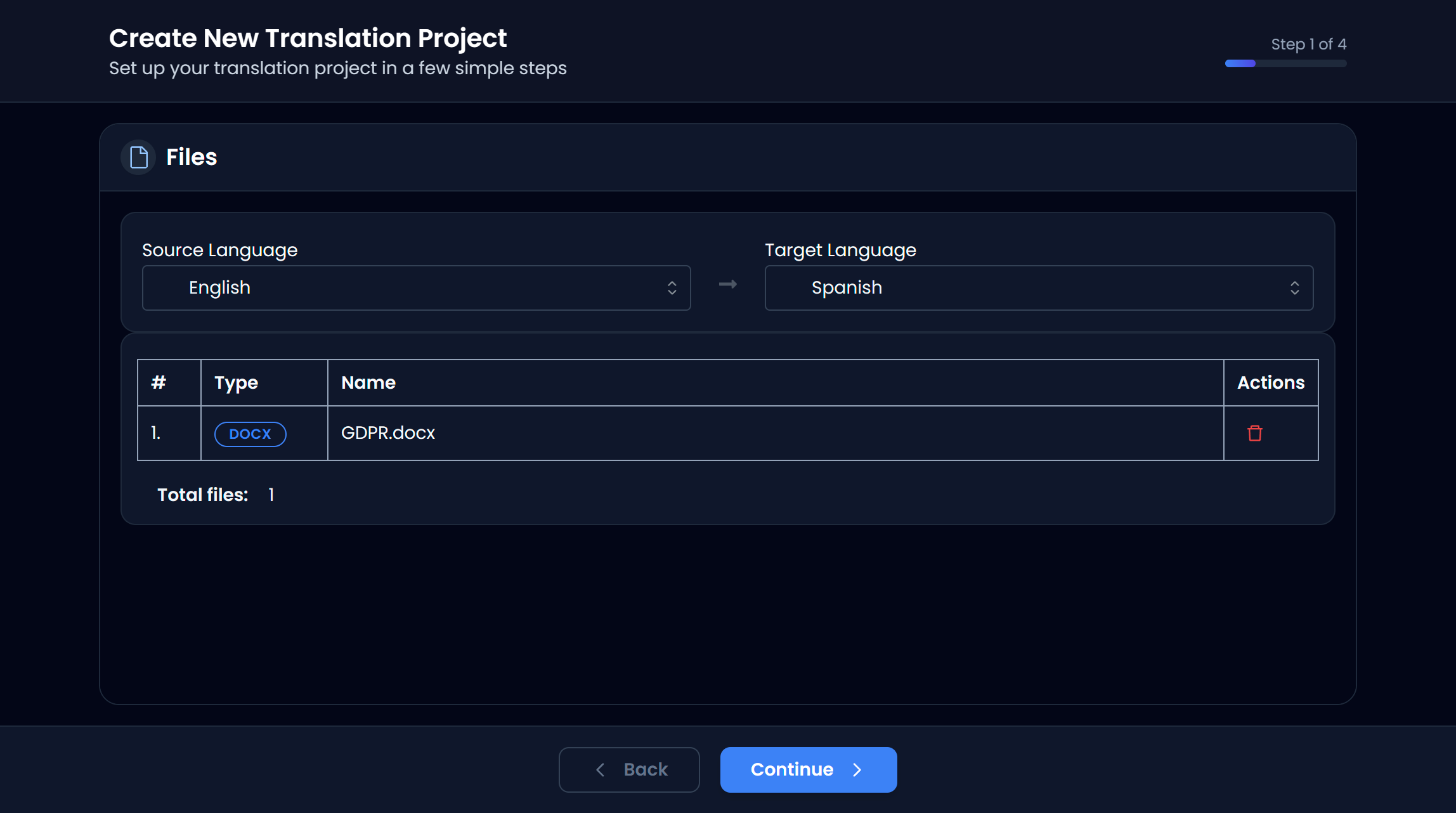 Step 1: selecting files for a new project (dark)