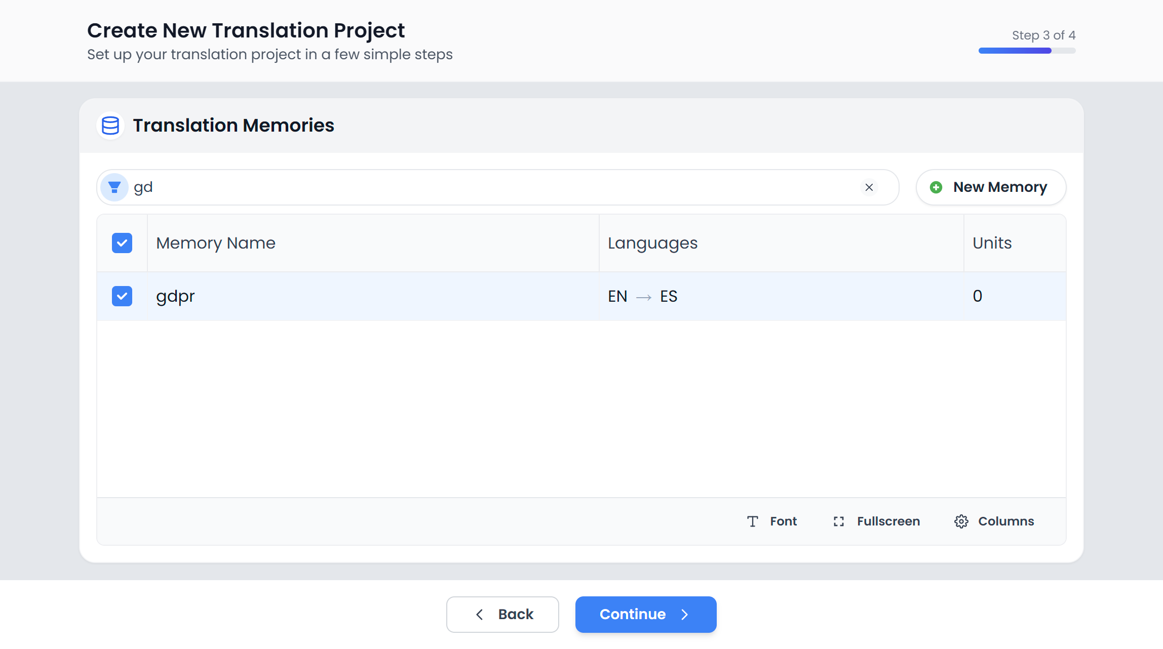 Step 3: select a translation memory (light)