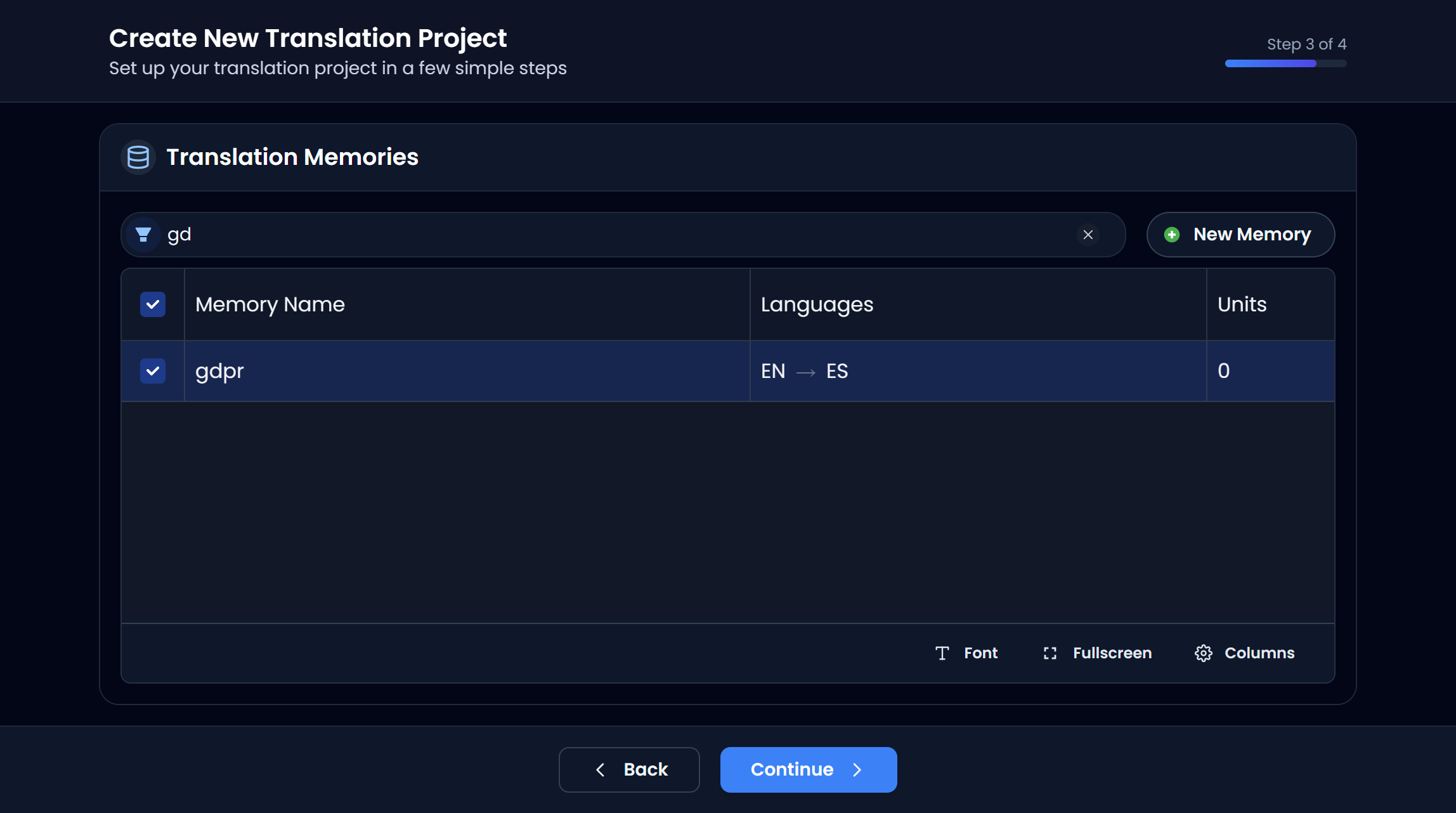 Step 3: select a translation memory (dark)