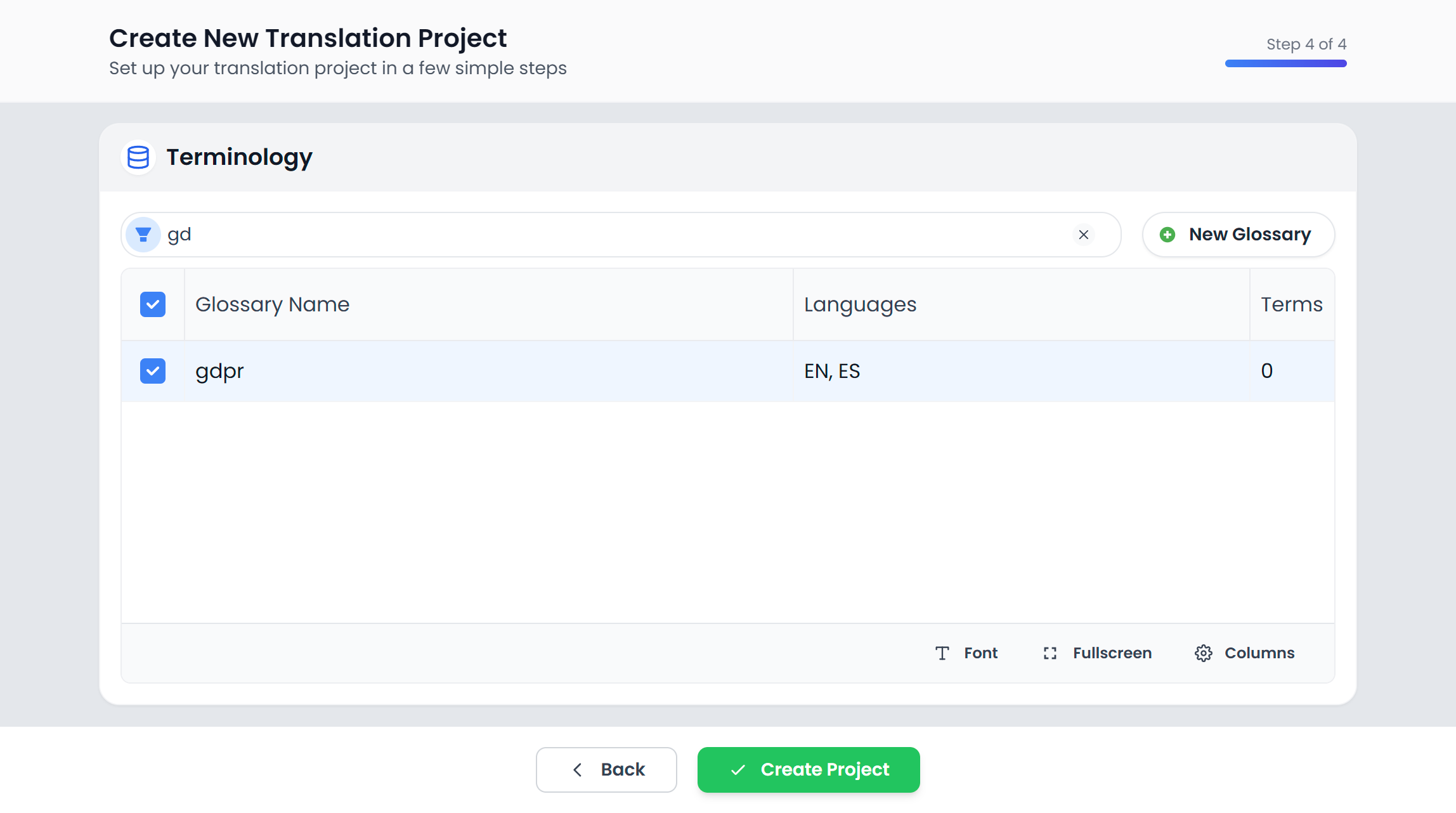Step 4: select a glossary / termbase (light)