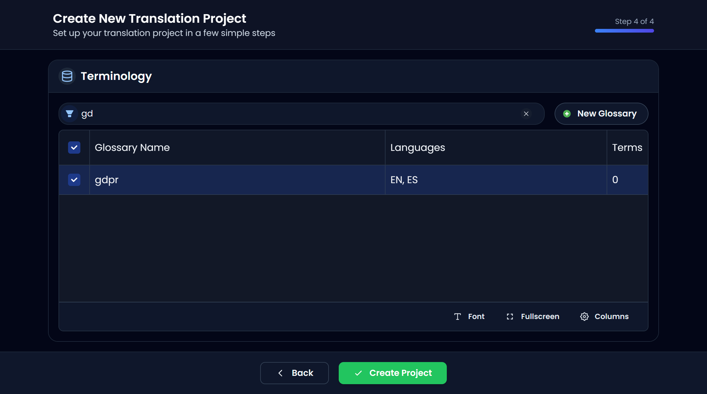 Step 4: select a glossary / termbase (dark)