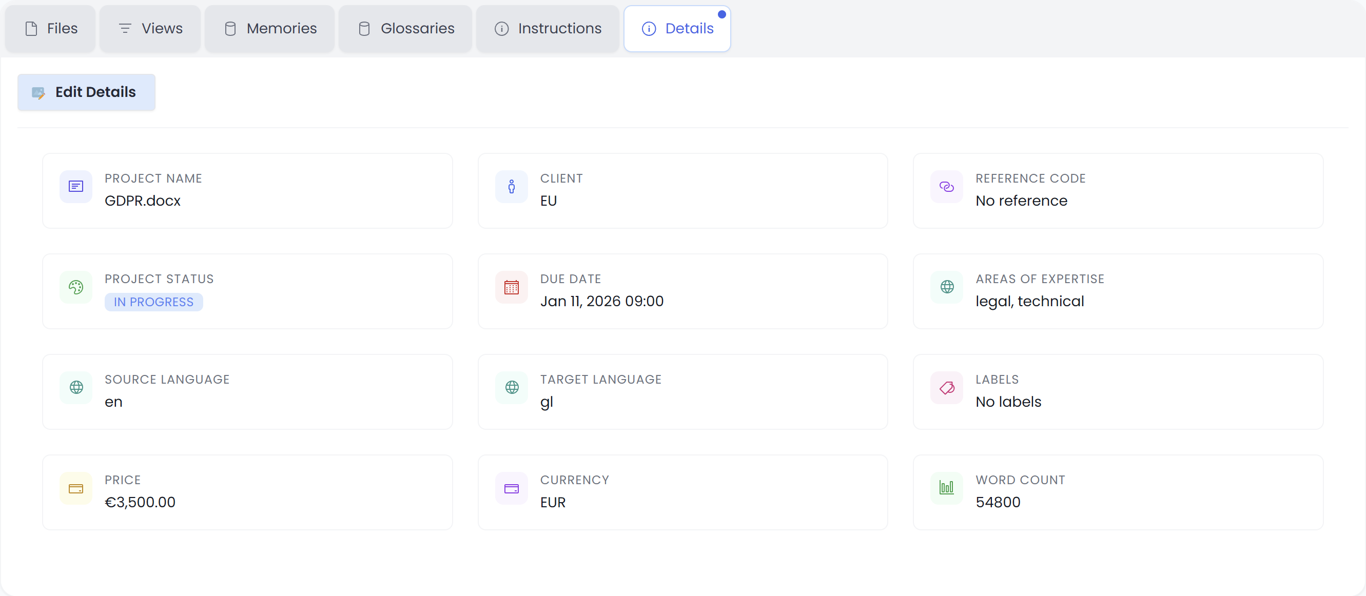 Details tab (light) showing project metadata (client, due date, word count, etc.)