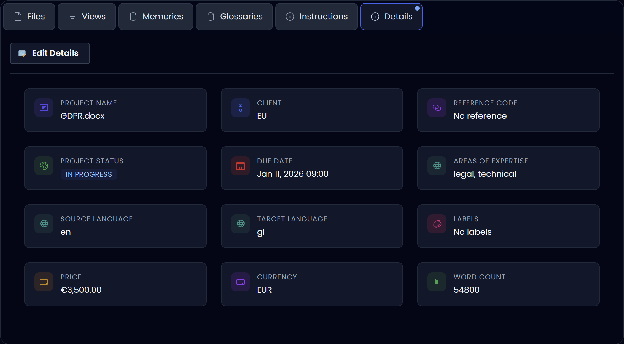 Details tab (dark) showing project metadata (client, due date, word count, etc.)