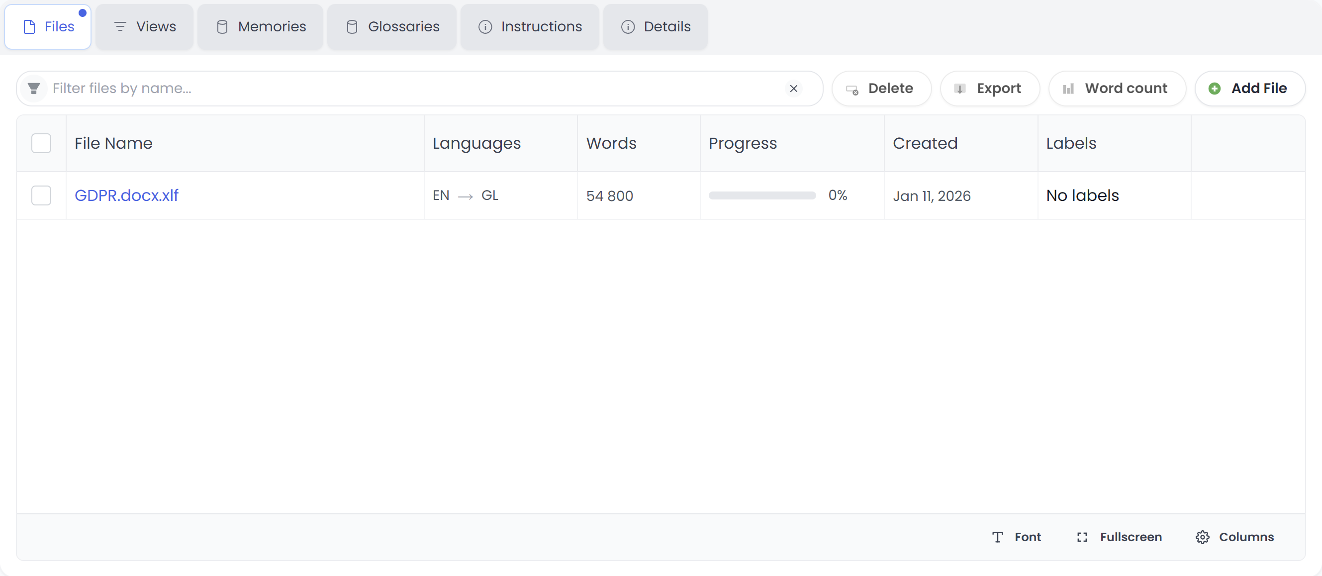 Files tab: file list with progress and actions (light)