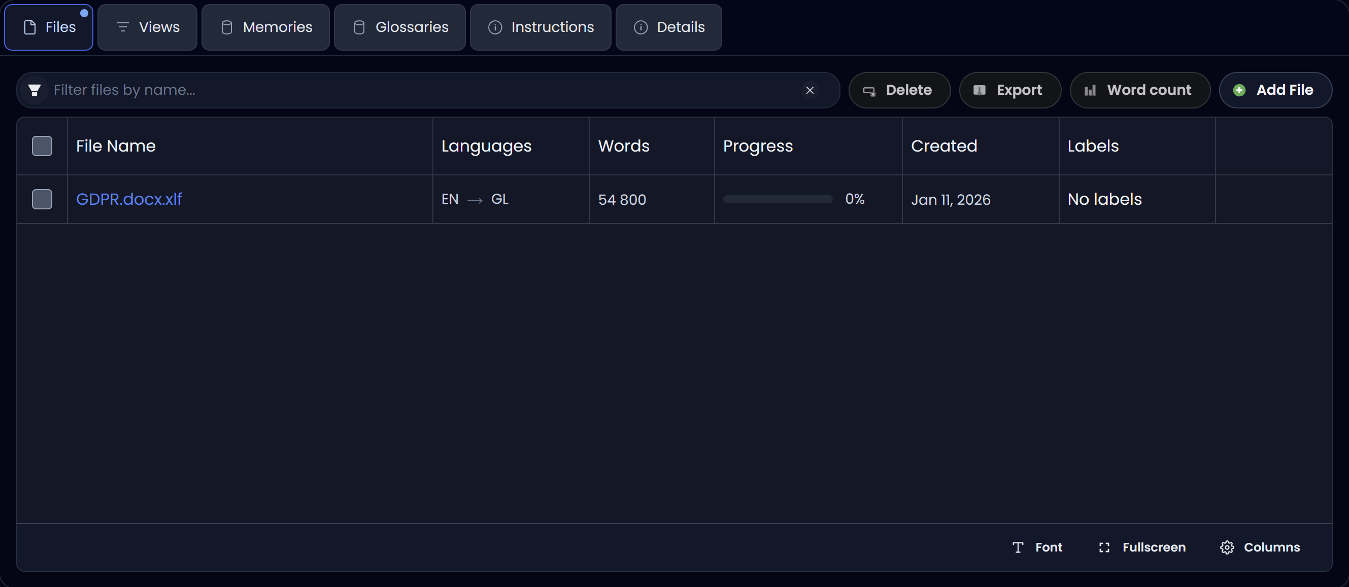 Files tab: file list with progress and actions (dark)