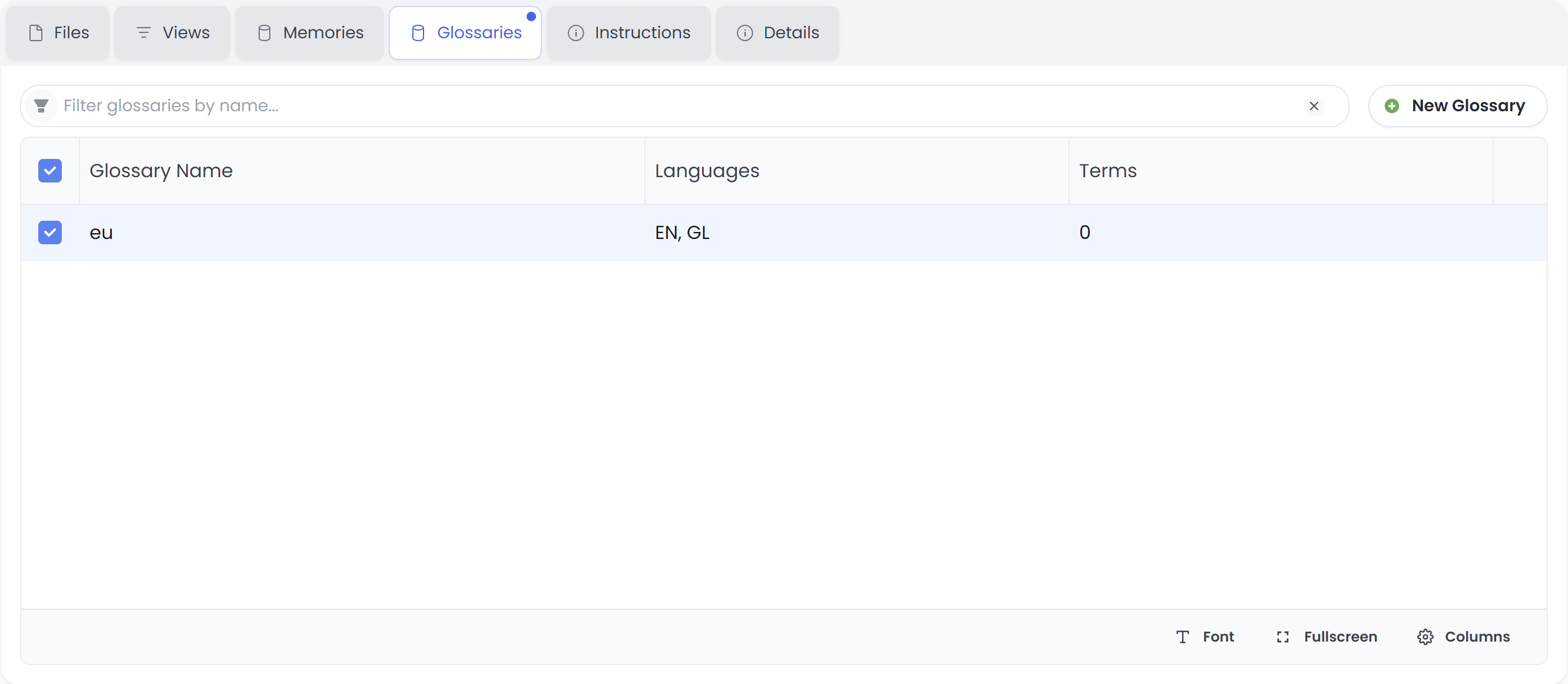 Glossaries tab (light) showing attached glossaries and term counts