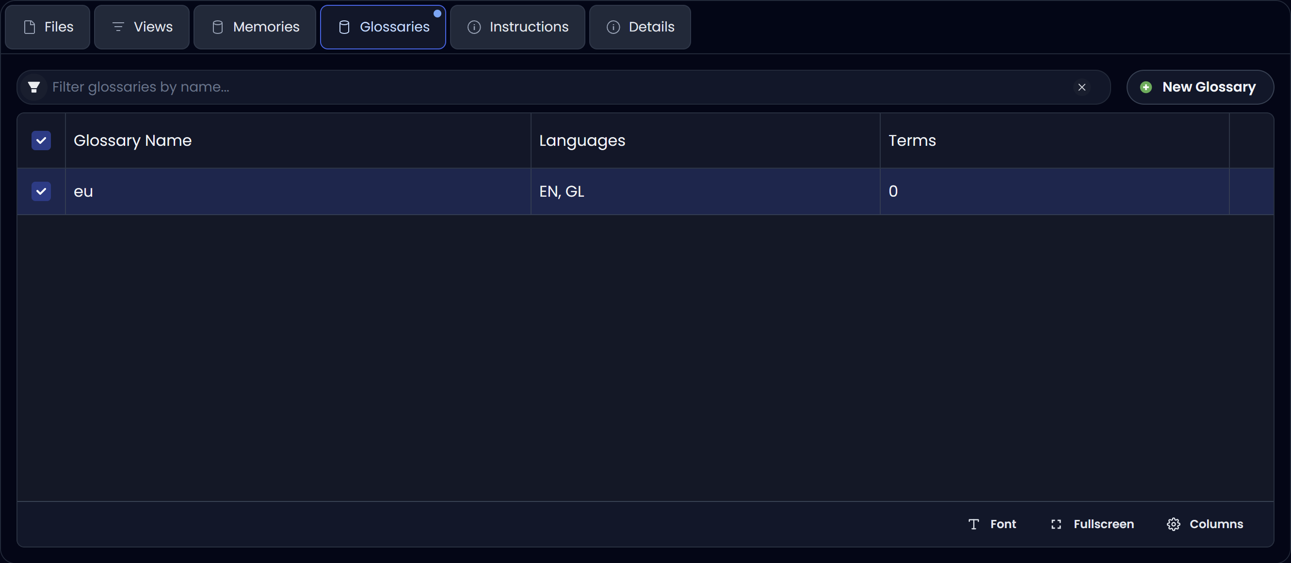 Glossaries tab (dark) showing attached glossaries and term counts