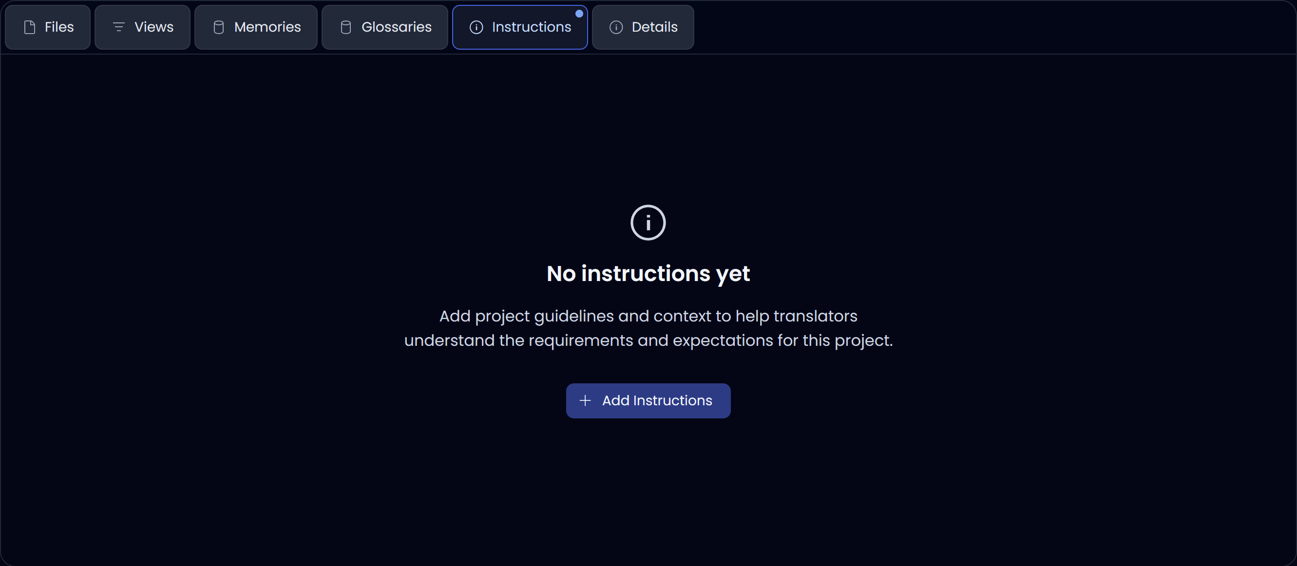 Instructions tab (dark) showing the empty state and Add Instructions button