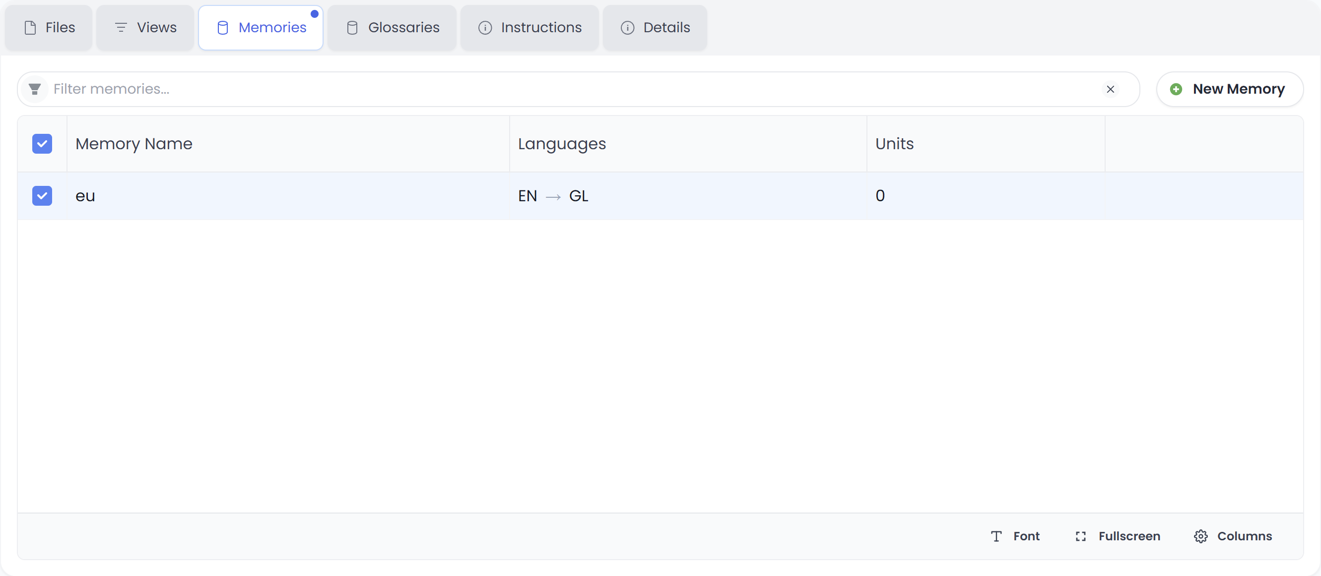 Memories tab (light) showing attached translation memories