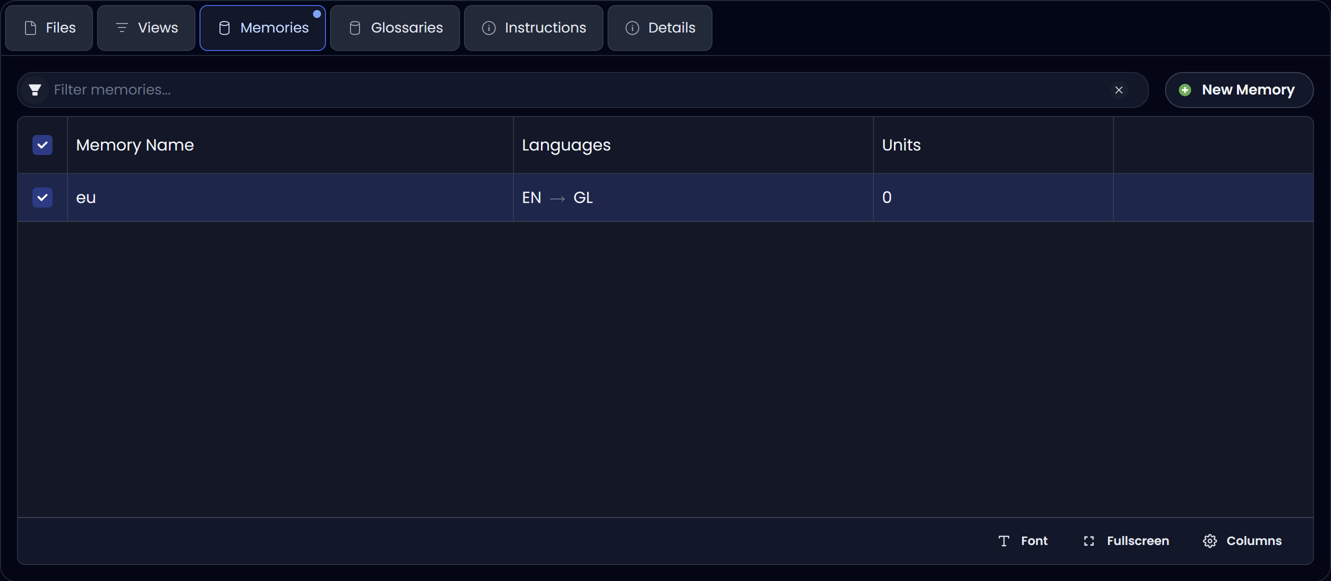 Memories tab (dark) showing attached translation memories