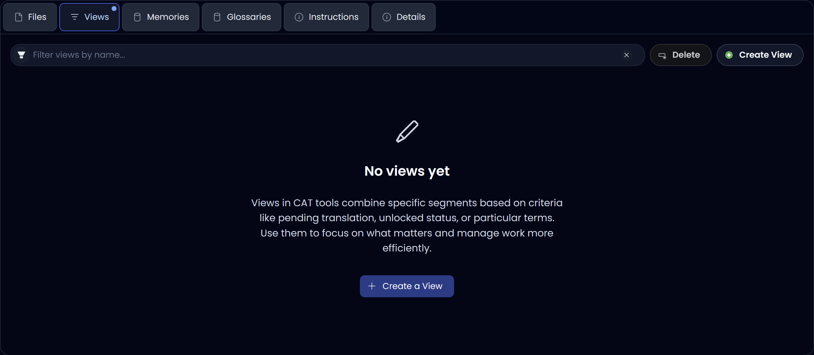 Views tab (dark) showing the views area and create view action