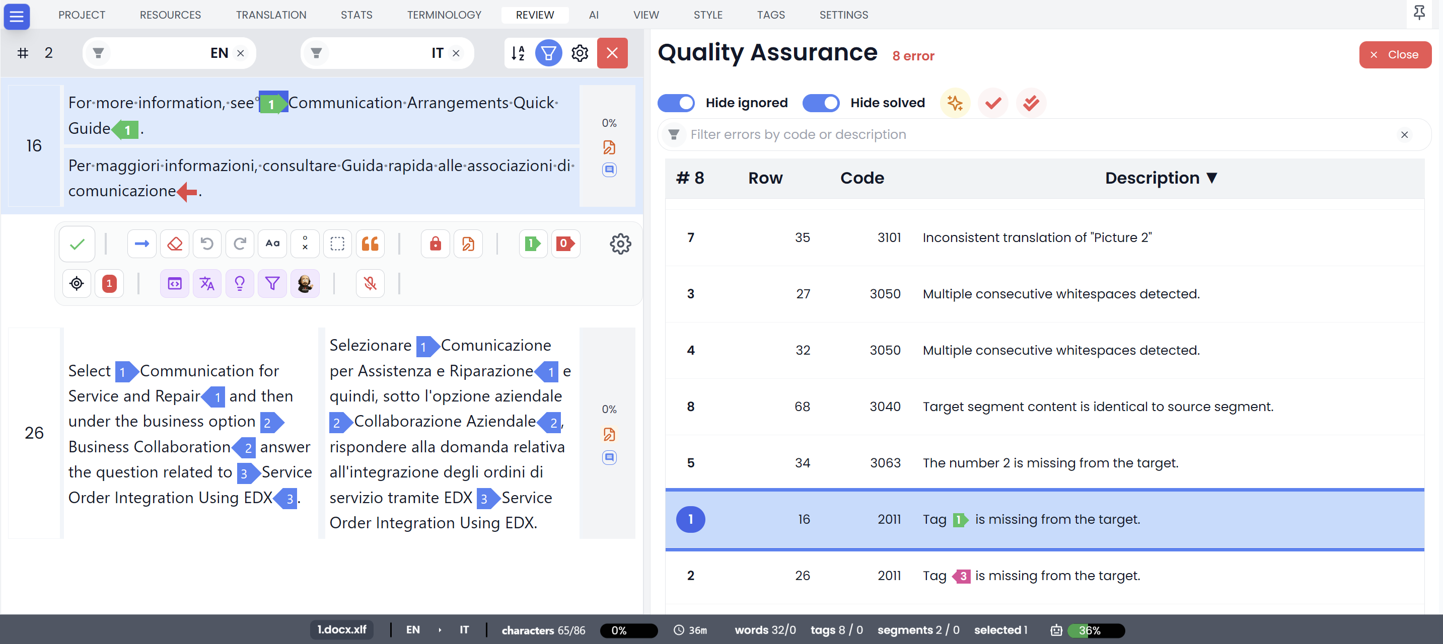 Filtering the editor view to segments affected by a QA error