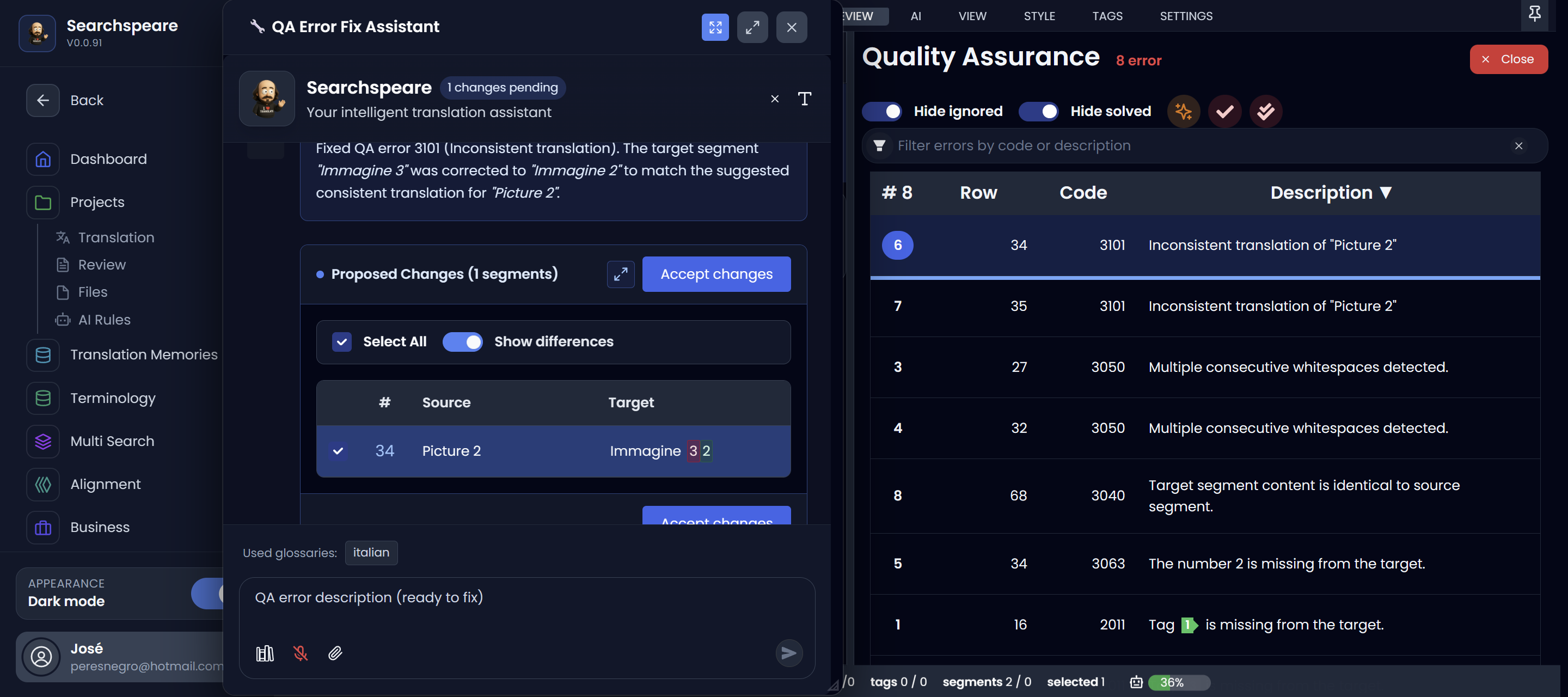 Fixing selected QA errors with Searchspeare (dark)
