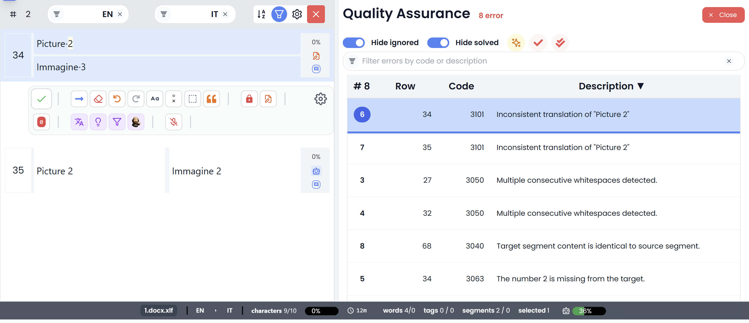 QA overview: browse and filter errors to focus on one type at a time (light)