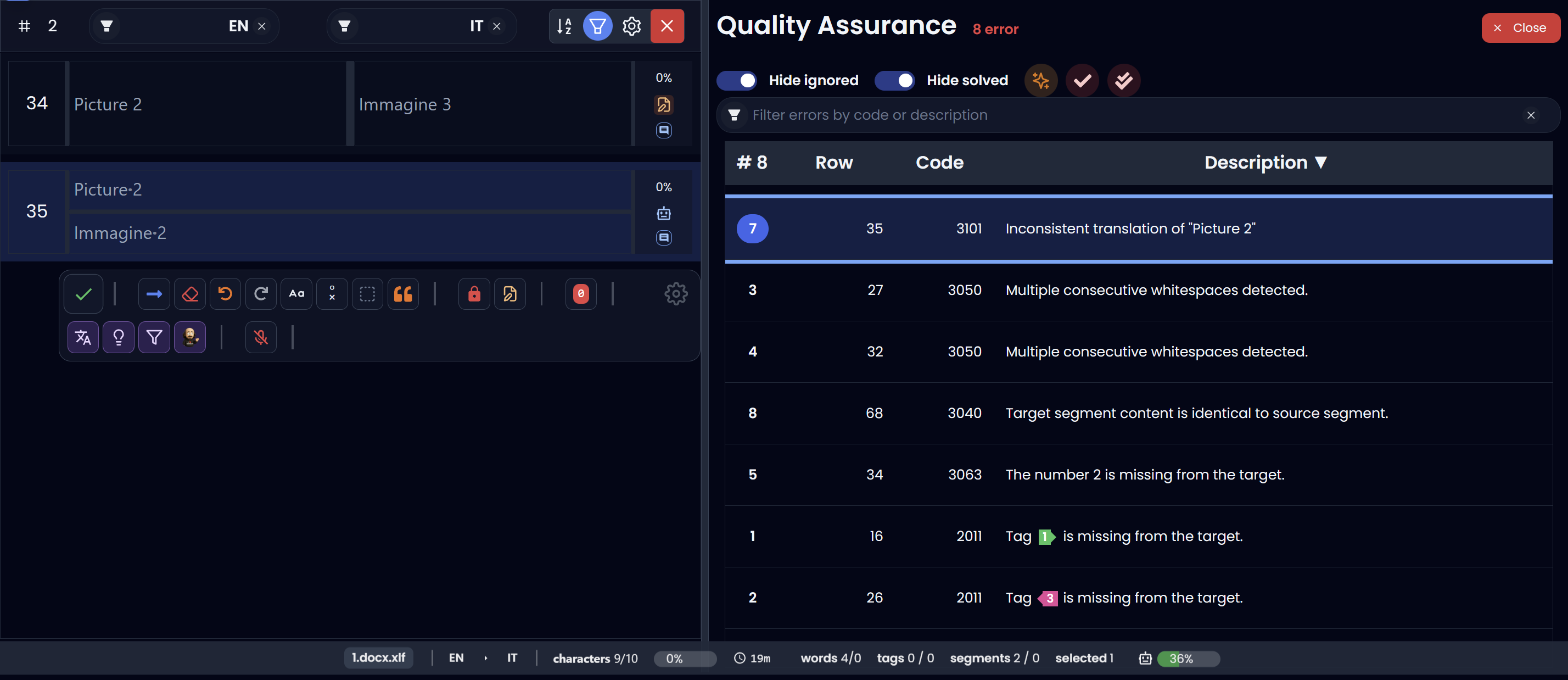 QA overview: browse and filter errors to focus on one type at a time (dark)