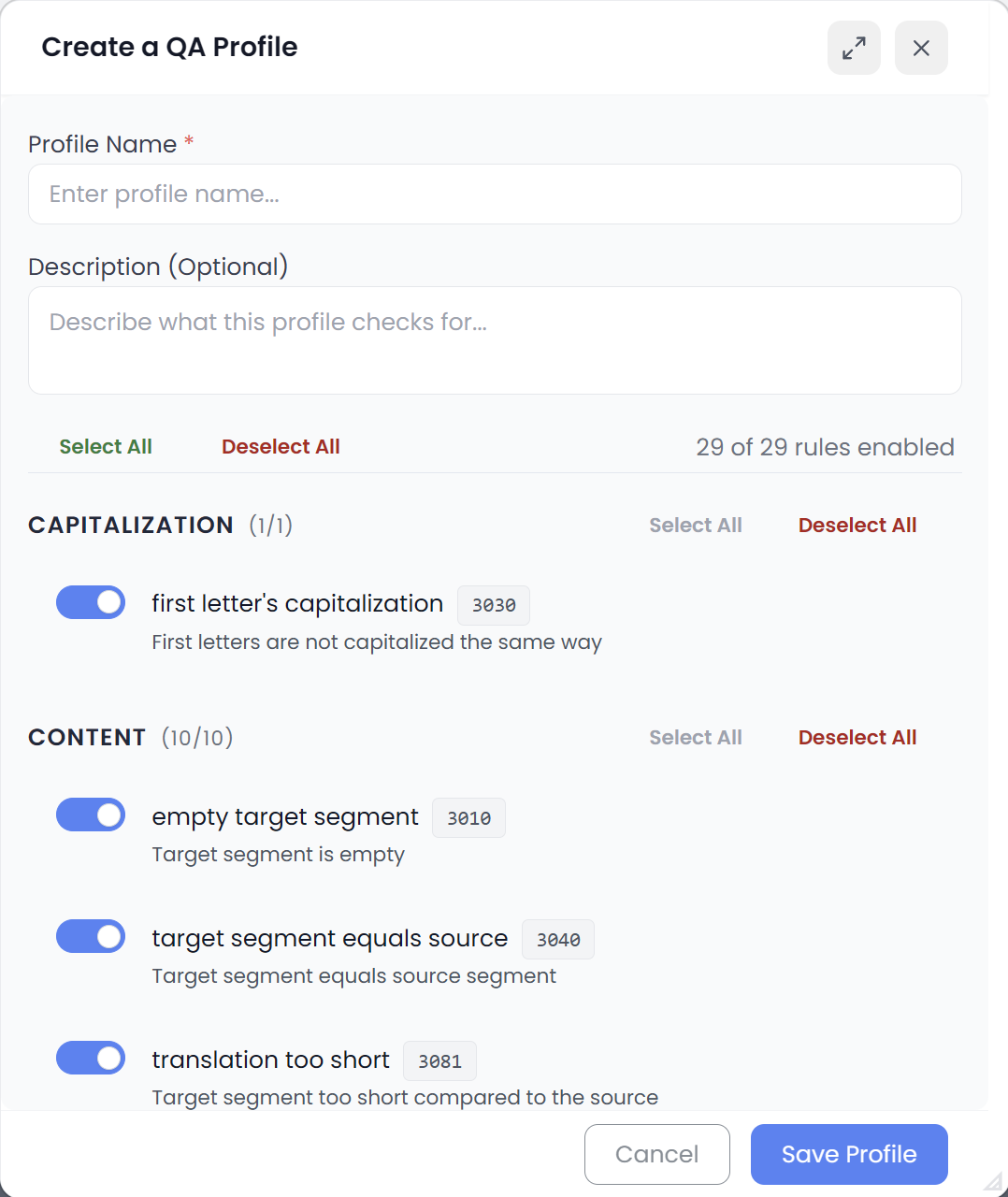 Creating a custom QA profile by selecting rules (light)