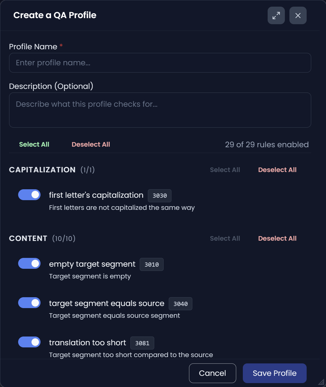 Creating a custom QA profile by selecting rules (dark)