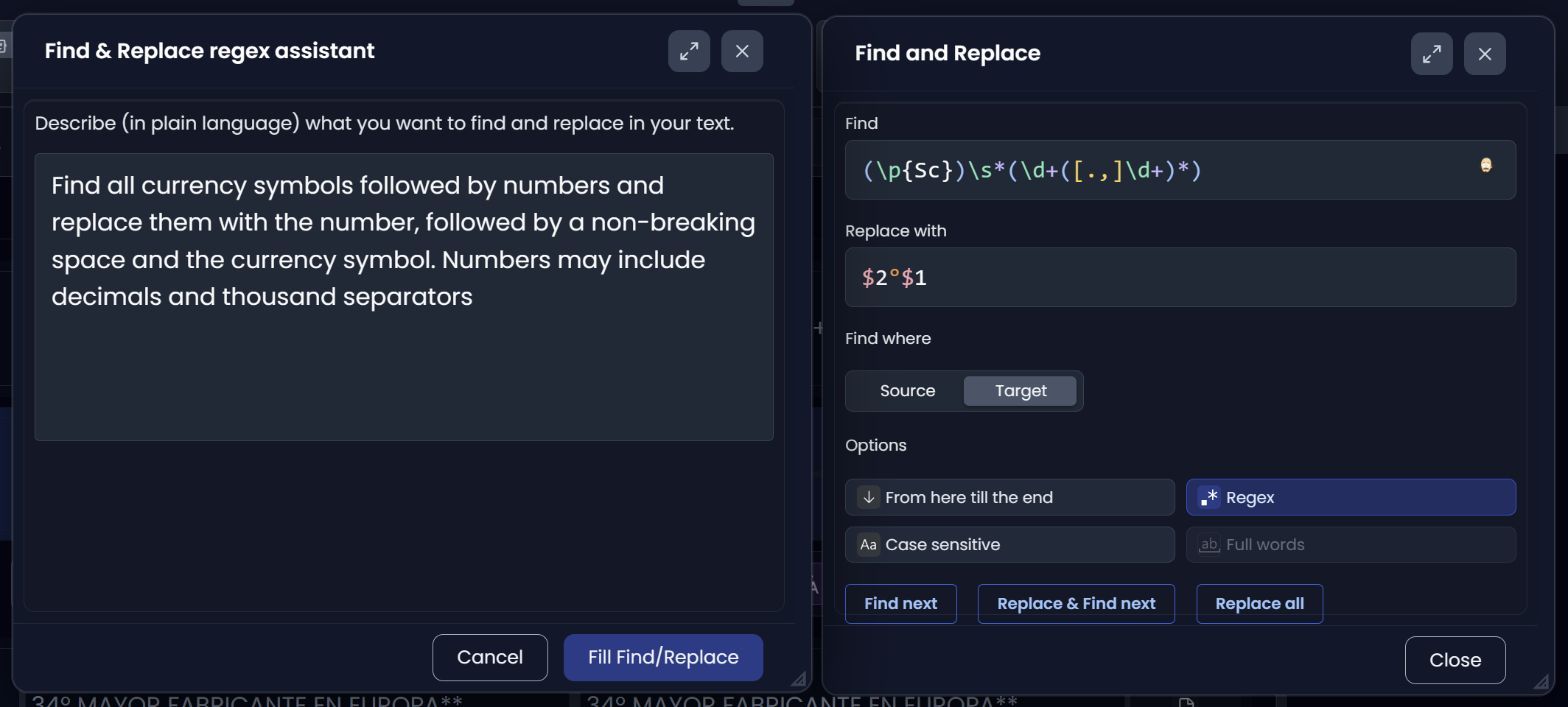Regex assistant in Searchspeare (dark)