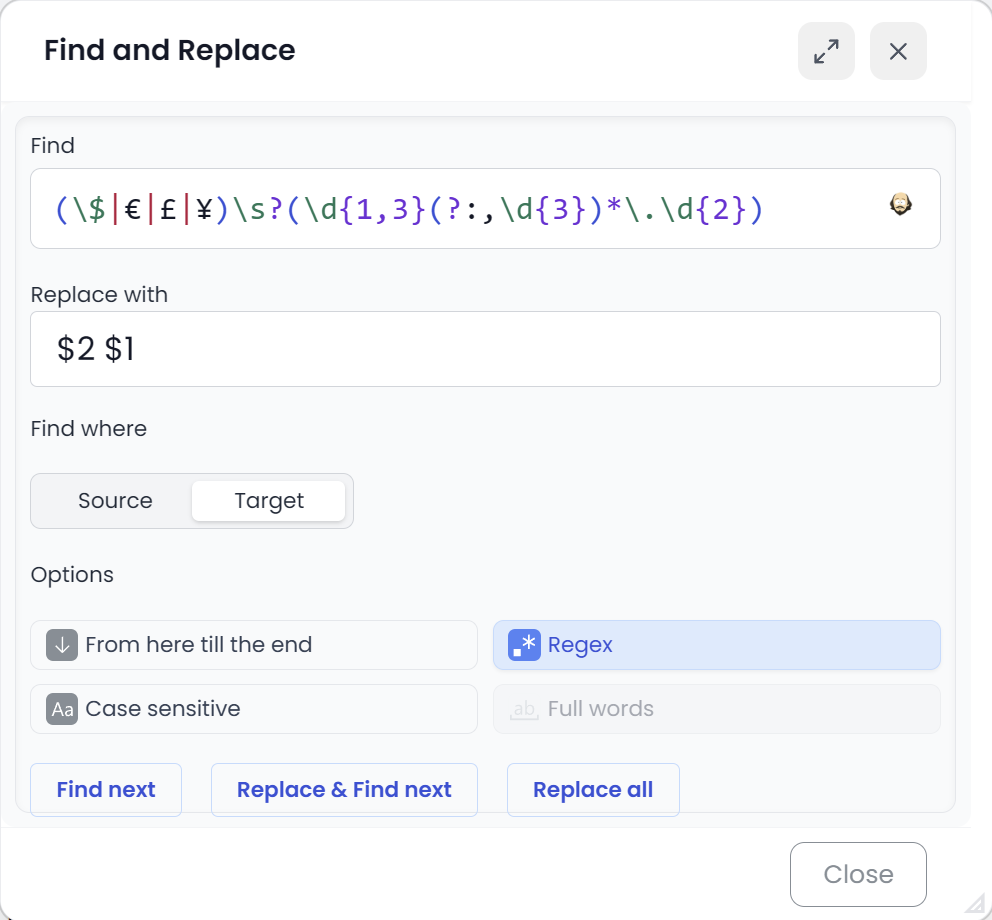 Regex editor in Searchspeare (light)