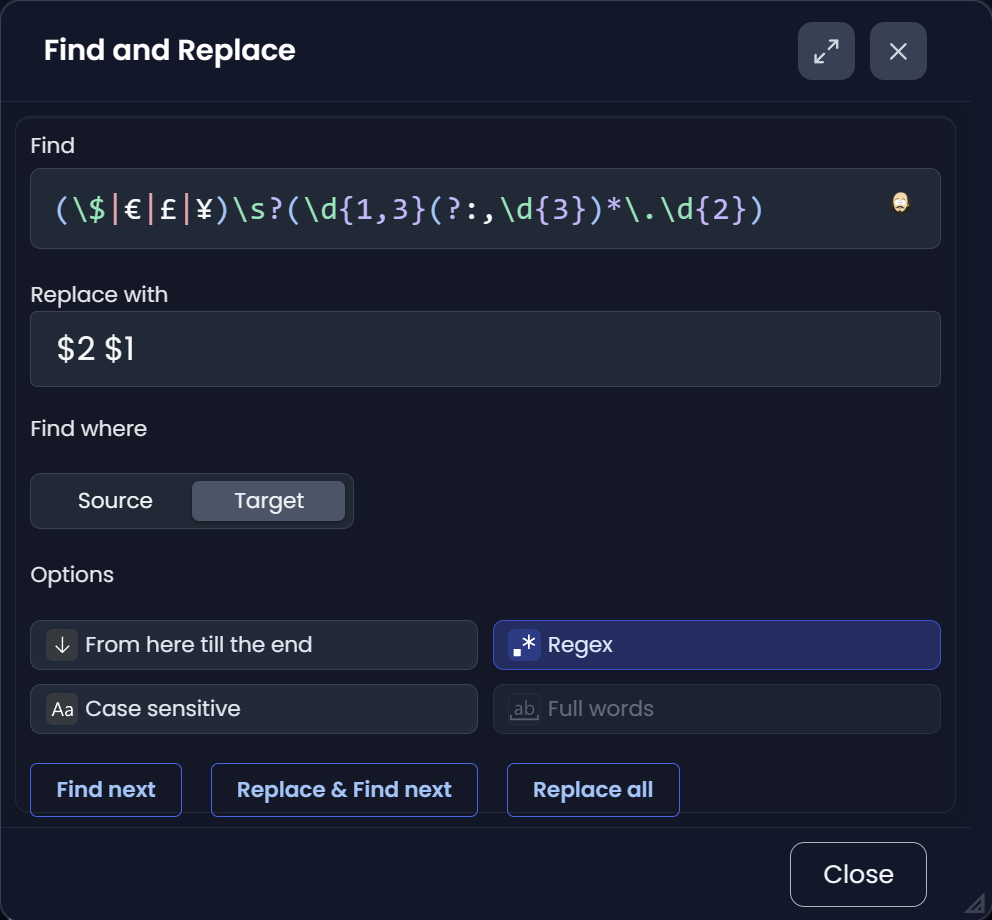 Regex editor in Searchspeare (dark)
