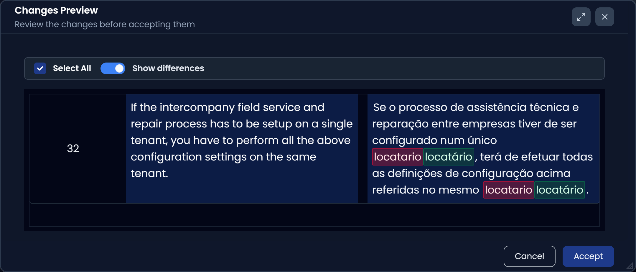 Preview changes modal (dark)